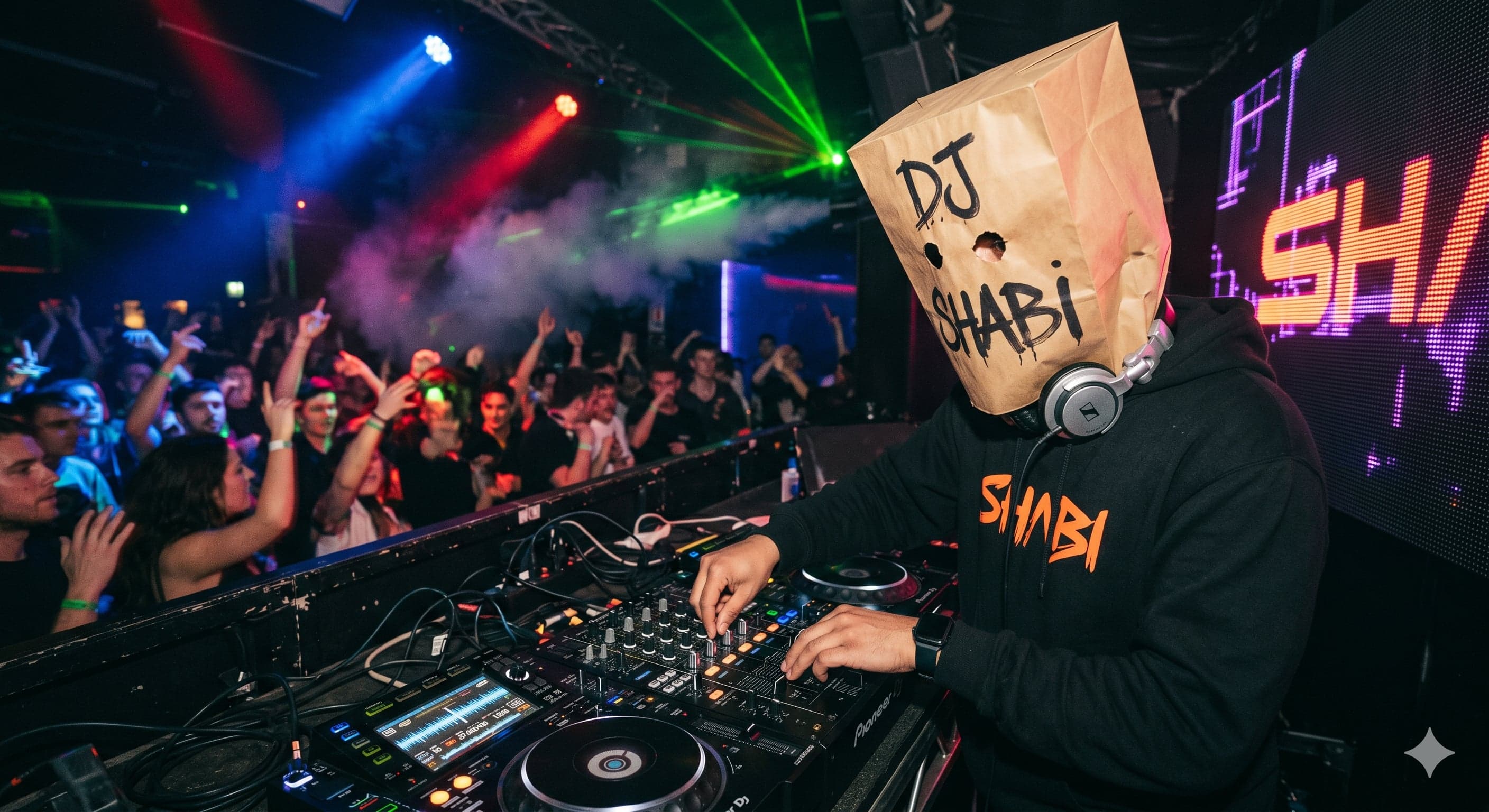 DJ SHABI performing live — paper-bag mask, SHABI hoodie, crowd with lasers